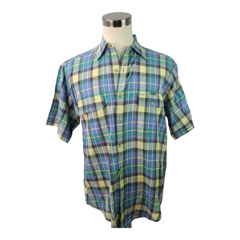 Faconnable Blue Green Yellow Plaid Short Sleeve Shirt Flap Pockets Large